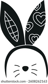 doodle groovy boho easter clip art. Cute bunny with decorative ears and a simple face design. in glyph black style