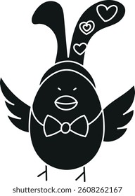 doodle groovy boho easter clip art. Whimsical bird character with bunny ears and a bow tie. in glyph black style