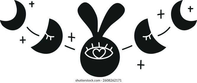 doodle groovy boho easter clip art. Black silhouette of a cute bunny surrounded by crescent moons. in glyph black style