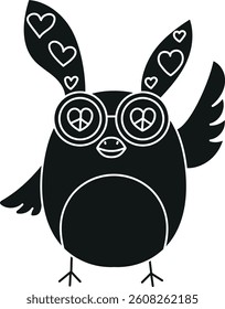 doodle groovy boho easter clip art. Cute owl character with heart-shaped details and oversized glasses. in glyph black style