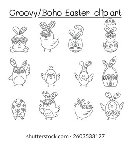 doodle groovy boho easter Easter-themed doodles featuring bunnies, eggs, and rainbows. in thin line style