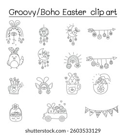 doodle groovy boho easter graphic in line style