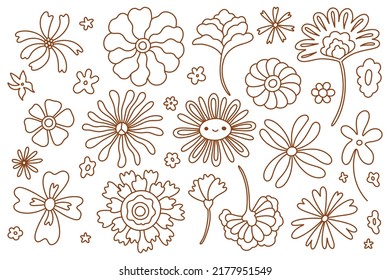 Juego de flor vectorial de garabato. Ilustraciones de colección floral de línea dibujada a mano aisladas en blanco.