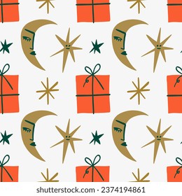 Doodle Groovy Xmas New Year Hippie Seamless Pattern Gifts Paper Background