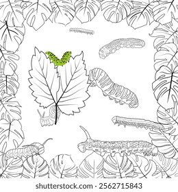 doodle of a group of caterpillars, accompanied by various shapes and sizes of leaves, ideal for children's education, creative projects, or nature themes