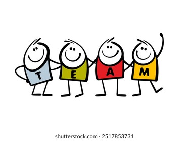 Doodle group of people, a dream team, go together to achieve their goal of business success. Vector illustration of a lot of men with letters hugging. Isolated caricature comics characters on white.