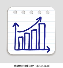 Doodle Growth Chart icon. Blue pen hand drawn infographic symbol on a notepaper piece. Line art style graphic design element. Web button with shadow. Success, bigger sales, achievement concept. 