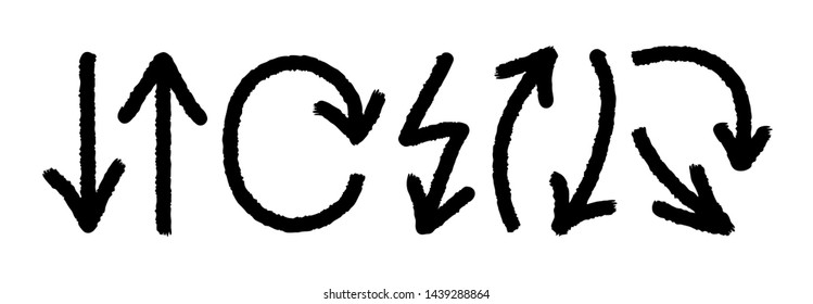 Doodle grunge arrows. Set of direction graphic elements, black pointers collection. Vector hand drawn curve and straight arrows