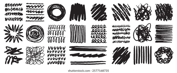 Doodle grunge ink brush stroke handwriting set. Hand drawn scribble vector squiggle swirl set. messy black crayon line. decorative signature, bold pencil sketch texture. Vector illustration