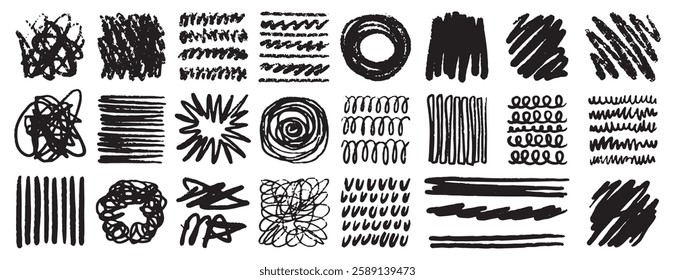 Doodle grunge ink brush stroke handwriting set. Hand drawn scribble vector squiggle swirl set. messy black crayon line. decorative signature, bold pencil sketch texture. Vector illustration