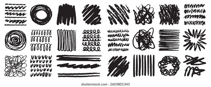 Doodle grunge ink brush stroke handwriting set. Hand drawn scribble vector squiggle swirl set. messy black crayon line. decorative signature, bold pencil sketch texture. Vector illustration