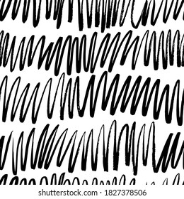 Doodle grunge lines vector seamless pattern. Horizontal and vertical brushstrokes, swirls, curly lines. Black paint freehand background. Geometric ornament for wrapping paper. Dry brushstrokes pattern