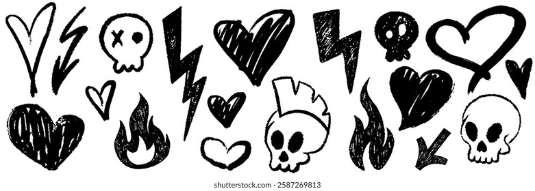 Doodle grunge punk and rock icon set. Hand drawn crayon lightnings, sculls, arrows, hearts, and flame. Crayon hand drawn graffiti groovy punk print kit, emo gothic. Pencil and charcoal scribbles