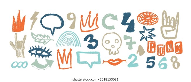 Doodle grunge rock, punk and geometric shapes icon set. Hand drawn crayon lightnings, sculls, crown, numbers,  and squiggles. Punk doodle icons for stickers, collages. Pencil and charcoal scribbles.