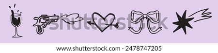 Doodle grunge set or collection. Vector hand drawn graffiti groovy prints, punk rock and love elements. Marker or charcoal scribble sticker, crayon wax paint collage. Street style doodle kit.