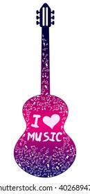 Doodle guitar with the text "I love music" and musical signs, notes, treble clef.