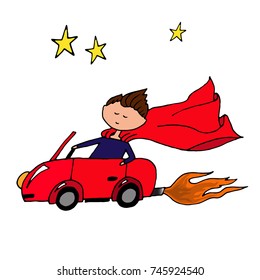 Doodle guy on the red car. Vector design for cards and other products.