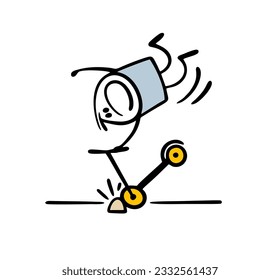 Doodle guy was riding an electric scooter, stumbled and flies somersaulting in the air. Vector illustration of an accident on the road with transport. Funny comics person action isolated.