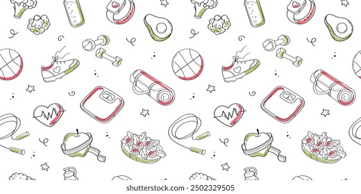 Doodle gym and healthy food sketch seamless pattern background. Hand drawn sketch doodle sport, gym fit exercise equipment background. Vector illustration