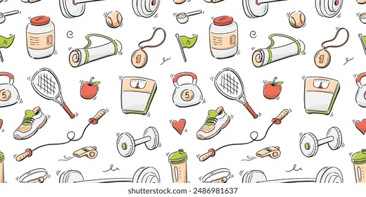 Doodle gym sketch health seamless pattern background. Hand drawn sketch doodle healthy sport, gym fit exercise equipment background. Seamless pattern tennis ball, bottle, dumbbell. Vector illustration