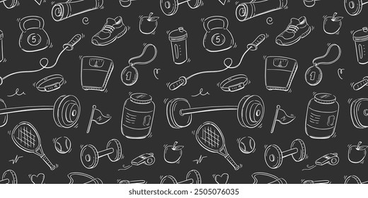 Doodle gym sketch health seamless pattern background. Hand drawn sketch doodle healthy sport, gym fit exercise equipment background. Seamless sport chalkboard pattern. Vector illustration