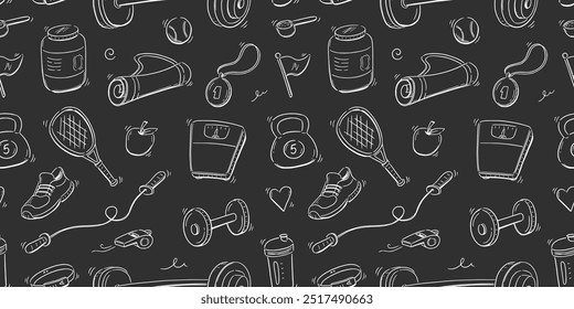 Doodle gym sketch health seamless pattern background. Hand drawn sketch doodle healthy sport, gym fit exercise equipment background. Seamless sport chalkboard pattern. Vector illustration