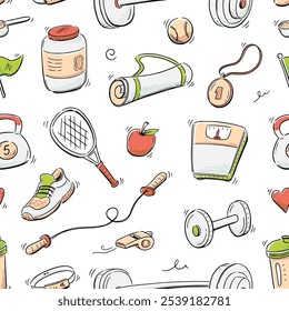 Doodle gym sketch health seamless pattern background. Hand drawn sketch doodle healthy sport, gym fit exercise equipment background. Hand drawn tennis ball, bottle, dumbbell fit. Vector illustration