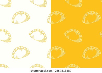 doodle gyoza chinese dumpling seamless pattern on yellow white background for print on packaging, merchandise.  retro jiaozi dumpling pattern background. pattern of chinese dumpling vector background