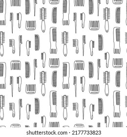 Doodle hair comb seamless pattern. Hand drawn vector different comb on white background.