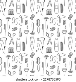 Doodle hair salon seamless pattern isolated on white background. Hand drawn vector barbershop elements seamless pattern