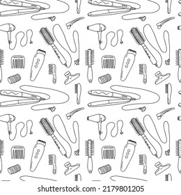 Doodle hair salon seamless pattern isolated on white background. Hand drawn vector barbershop elements seamless pattern