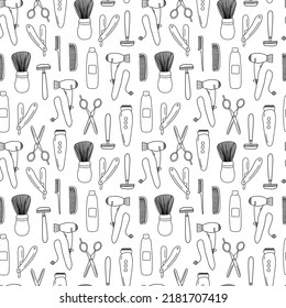 Doodle hair salon seamless pattern isolated on white background. Hand drawn vector barbershop elements seamless pattern