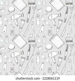 Doodle hair salon seamless pattern isolated on white background. Hand drawn vector barbershop elements seamless pattern. You can color it