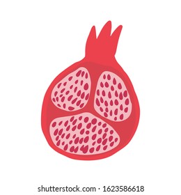 Doodle half red pomegranate isolated on white background. Hand drawn fresh organic summer fruit. Simple cute cartoon design. Vector sketch illustration.
