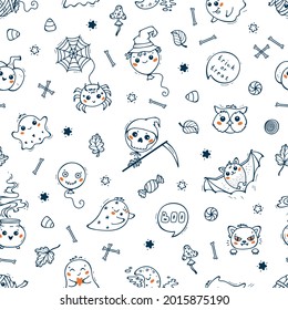 Doodle Halloween Autumn Holiday Vector Seamless Pattern. Cute Kawaii halloween Characters: Ghosts, Balloons, Animals, Pumpkin, Skull etc. Fun Background for Kids. Outline drawing