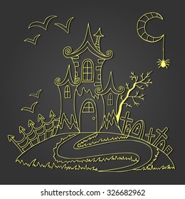Doodle halloween banner in applique paper cut style. Halloween invitation or background with spooky castle and bats, tree, graves, spider, moon