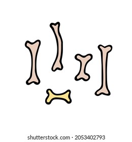 Doodle Halloween bones set. Color Skeleton isolated on white background. Hand-drawn cute scary os. Mystical sketch sign. Vector illustration for spooky autumn holidays, prints, The day of the Dead