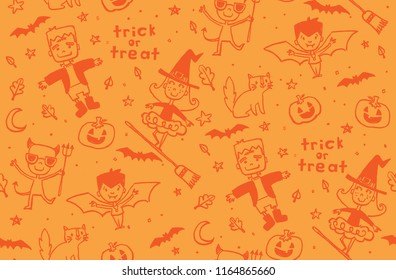 Doodle Halloween Character Seamless Vector Pattern. Cute trick or treaters and Halloween elements in a repeating background. Repeating patterns are great for webpages, packaging, or surface designs.