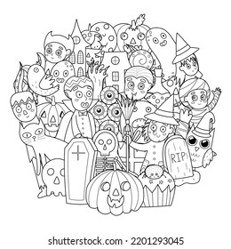 Página de coloreado de personajes de Doodle Halloween. Impresión de forma de círculo espeluznante. Mandala blanca y negra de Halloween con calabaza, bruja, zombie, gato y otros. Ilustración del vector