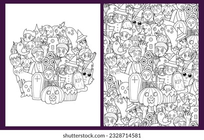 Doodle Halloween characters coloring pages set in US Letter format. Spooky background collection in black and white background. Vector illustration