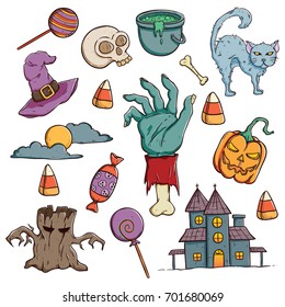 doodle halloween characters or icons set with color on white background