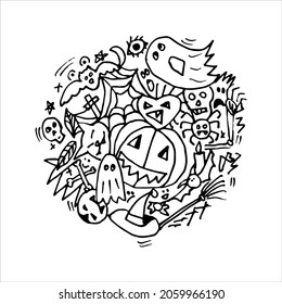Doodle halloween circle illustration. Vector black lineart.