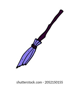 Doodle Halloween color broom. Outline witchcraft broomstick isolated on white background. Hand-drawn purple symbol of Halloween, magic, witch, purity, clean, scary autumn holidays. Vector illustration