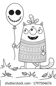 Doodle halloween coloring book page cute monster. Antistress for adults and children. Vector black and white illustrarion