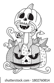 Doodle halloween coloring book page cute monster and pumpkin. Antistress for adults and children. Vector black and white illustrarion