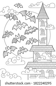 Doodle Halloween coloring book page spooky castle and bats on full moon. Antistress for adults and children in zentangle style. Black and white contour illustration