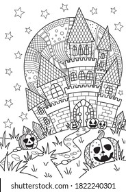 Doodle Halloween farbige Buchseite spooky Schloss und halloween Kürbis auf den Vollmond. Antistress für Erwachsene und Kinder im Zzentangle-Stil. Schwarz-Weiß-Kontur-Illustration