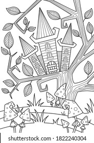 Doodle Halloween coloring book page spooky house in the forest. Antistress for adults and children in zentangle style. Black and white contour illustration