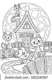 Doodle Halloween coloring book page spooky house and cats on full moon. Antistress for adults and children in zentangle style. Black and white contour illustration. Stock vector