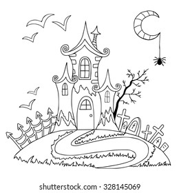 Doodle halloween coloring book. Halloween vector illustration  with spooky castle and bats, tree, graves, spider, moon isolated on white background